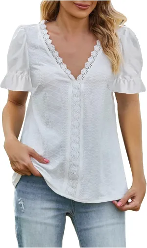 2024 Summer Tops for Women Short Sleeve Lace Jacquard V Neck T Shirt Loose Casual Boho Basic Tees Blouses Fashion