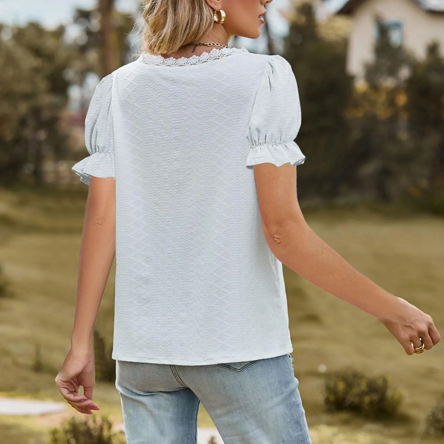 2024 Summer Tops for Women Short Sleeve Lace Jacquard V Neck T Shirt Loose Casual Boho Basic Tees Blouses Fashion