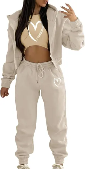 3 Piece Lounge Sets for Women Crop Tank Fleece Zip Up Hoodies Jogger Sweatpants Long Sleeve Warm Sweatsuits