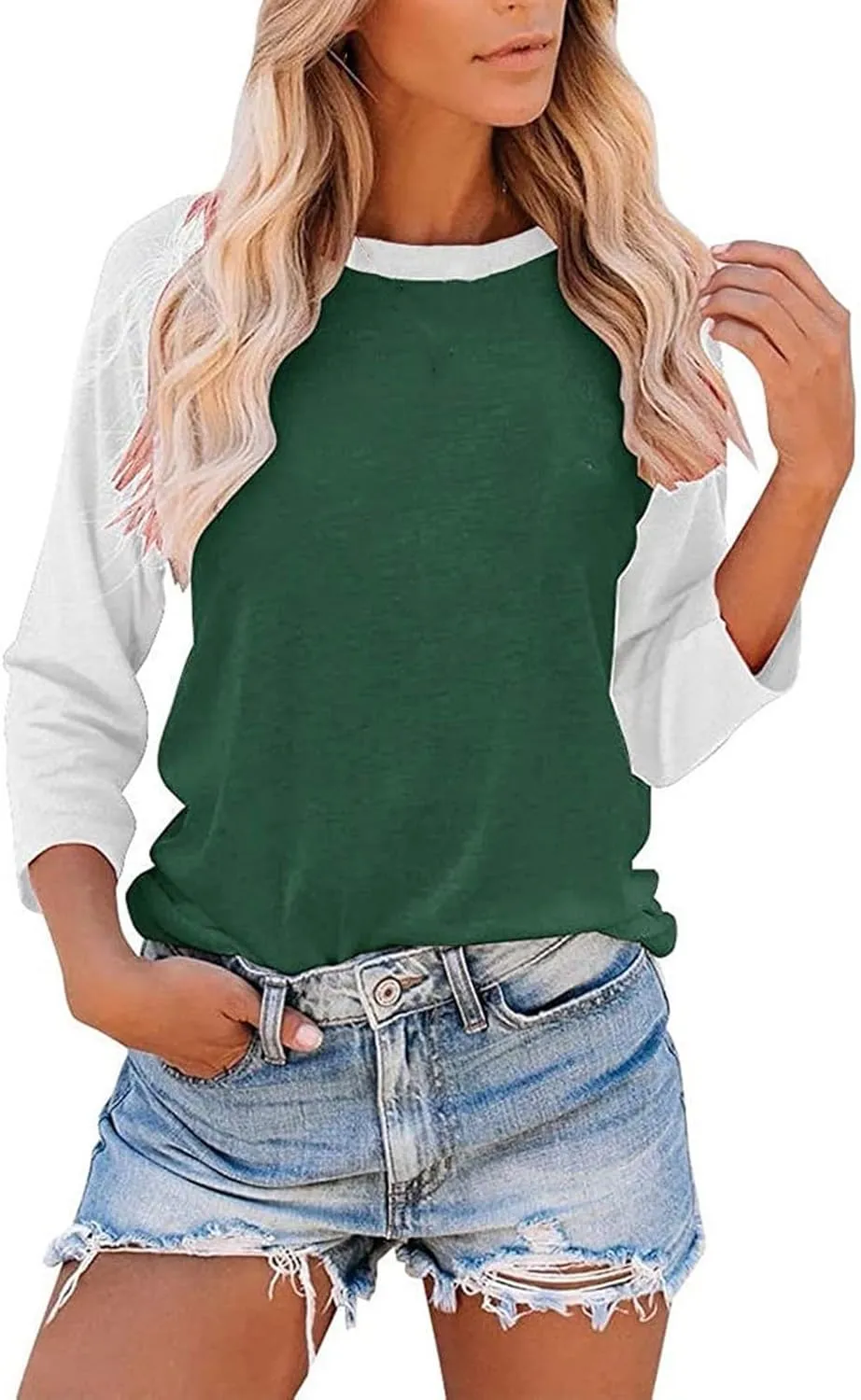 3/4 Length Sleeve Womens Tops Casual Crew Neck Raglan Baseball Shirt Cute Y2k Color Block Tops Basic Tunic Tee Shirts