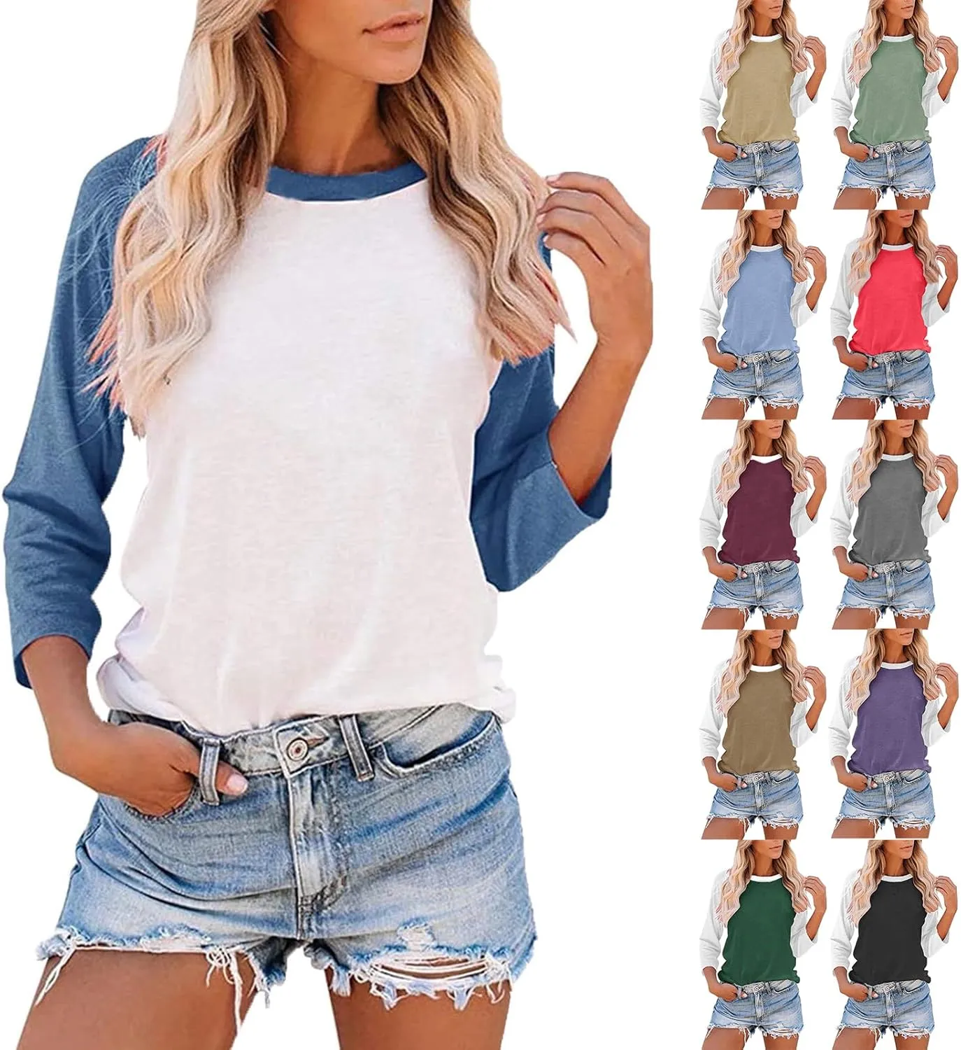 3/4 Length Sleeve Womens Tops Casual Crew Neck Raglan Baseball Shirt Cute Y2k Color Block Tops Basic Tunic Tee Shirts