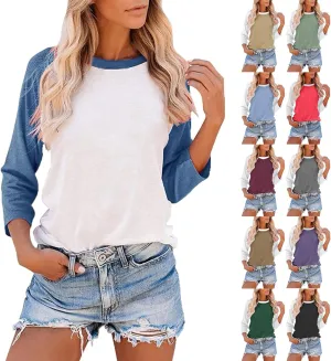 3/4 Length Sleeve Womens Tops Casual Crew Neck Raglan Baseball Shirt Cute Y2k Color Block Tops Basic Tunic Tee Shirts