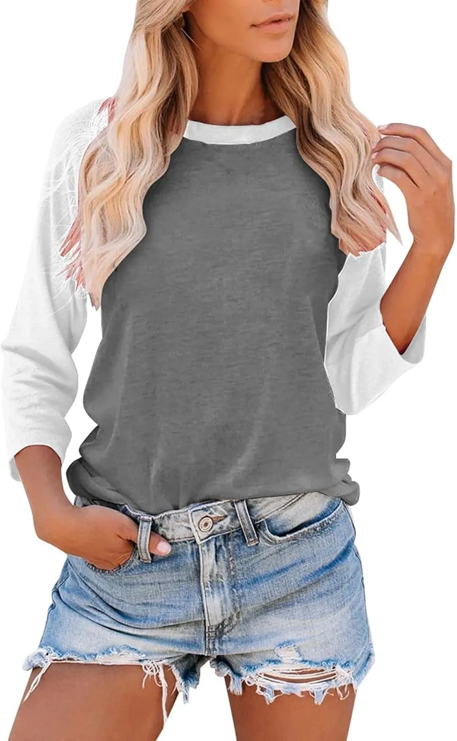 3/4 Length Sleeve Womens Tops Casual Crew Neck Raglan Baseball Shirt Cute Y2k Color Block Tops Basic Tunic Tee Shirts
