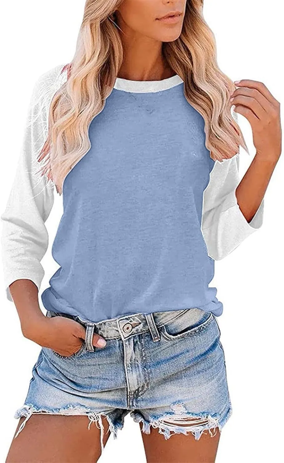 3/4 Length Sleeve Womens Tops Casual Crew Neck Raglan Baseball Shirt Cute Y2k Color Block Tops Basic Tunic Tee Shirts