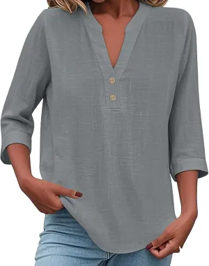 3/4 Sleeve Linen Tops for Women 2025 Loose Fit V Neck Button Down Henley Shirt Cute Solid Summer Beach Tee Shirts