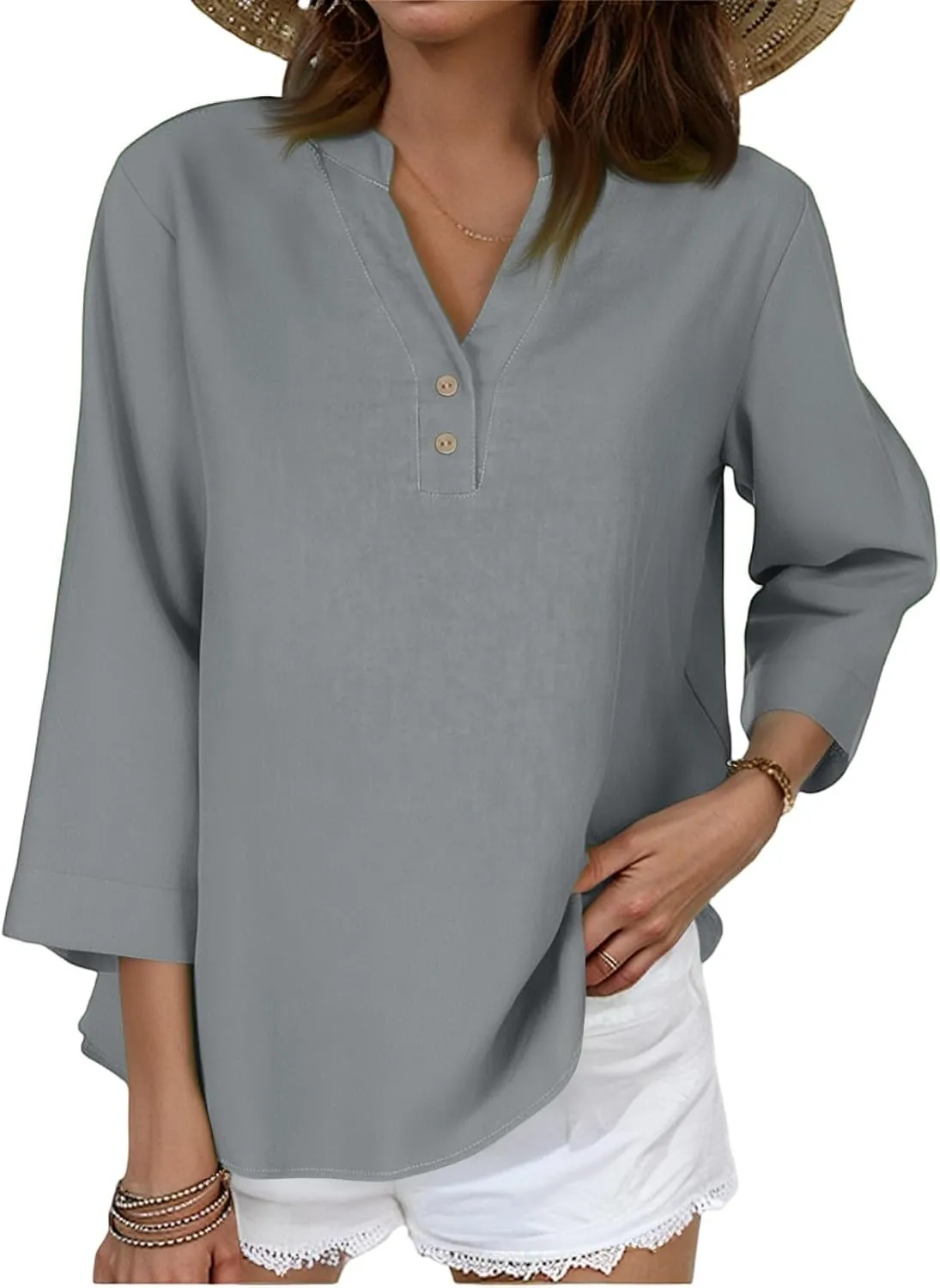 3/4 Sleeve Linen Tops for Women 2025 Loose Fit V Neck Button Down Henley Shirt Cute Solid Summer Beach Tee Shirts