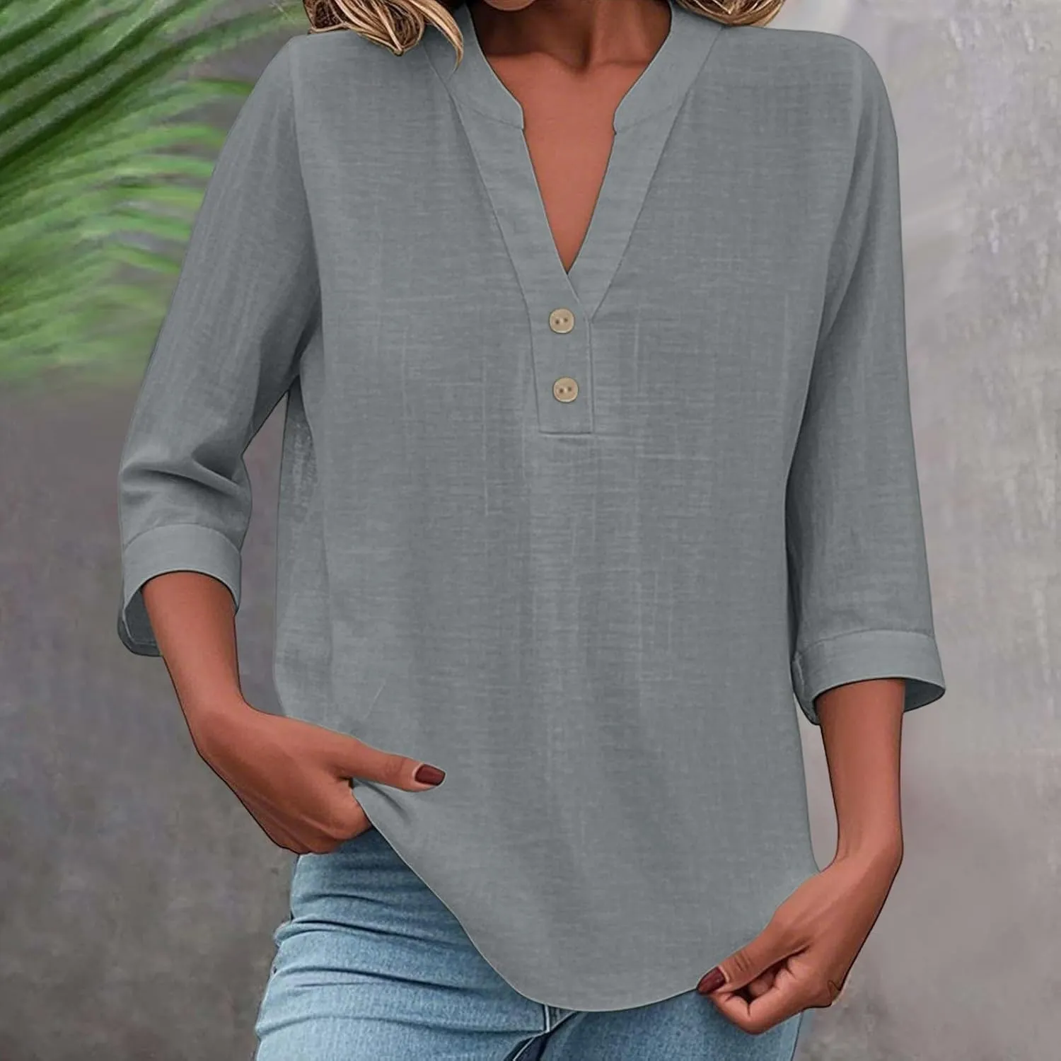 3/4 Sleeve Linen Tops for Women 2025 Loose Fit V Neck Button Down Henley Shirt Cute Solid Summer Beach Tee Shirts