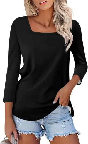 3/4 Sleeve Tops for Women Square Neck Summer T Shirts Casual Dressy Trendy Blouses Color Block Print Loose Fit Tunics