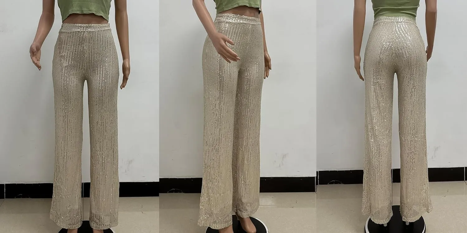 Aelidiya Women's Glitter Sequin Long Loose Pants Bling Party Clubwear Elastic Casual Pants