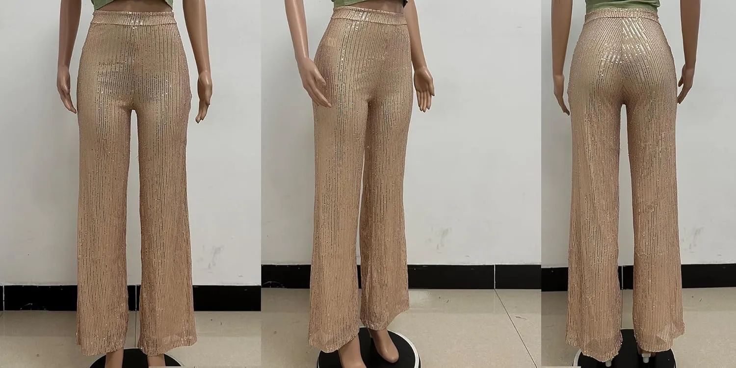 Aelidiya Women's Glitter Sequin Long Loose Pants Bling Party Clubwear Elastic Casual Pants
