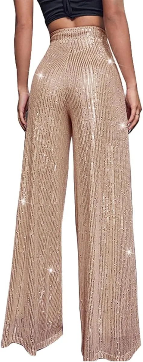 Aelidiya Women's Glitter Sequin Long Loose Pants Bling Party Clubwear Elastic Casual Pants