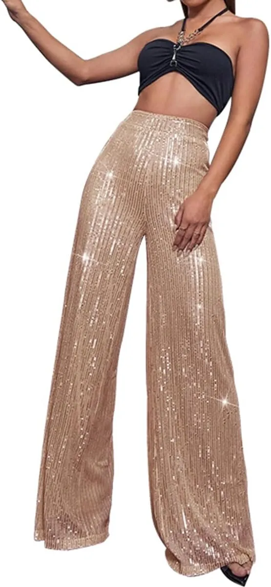 Aelidiya Women's Glitter Sequin Long Loose Pants Bling Party Clubwear Elastic Casual Pants
