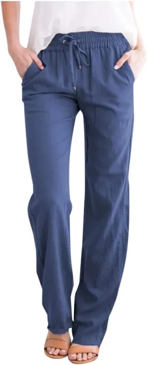 aihihe Linen Pants for Women Casual Summer Drawstring Elastic High Waist Yoga Pants Loose Fit Comfy Straight Leg Palazzo Pant