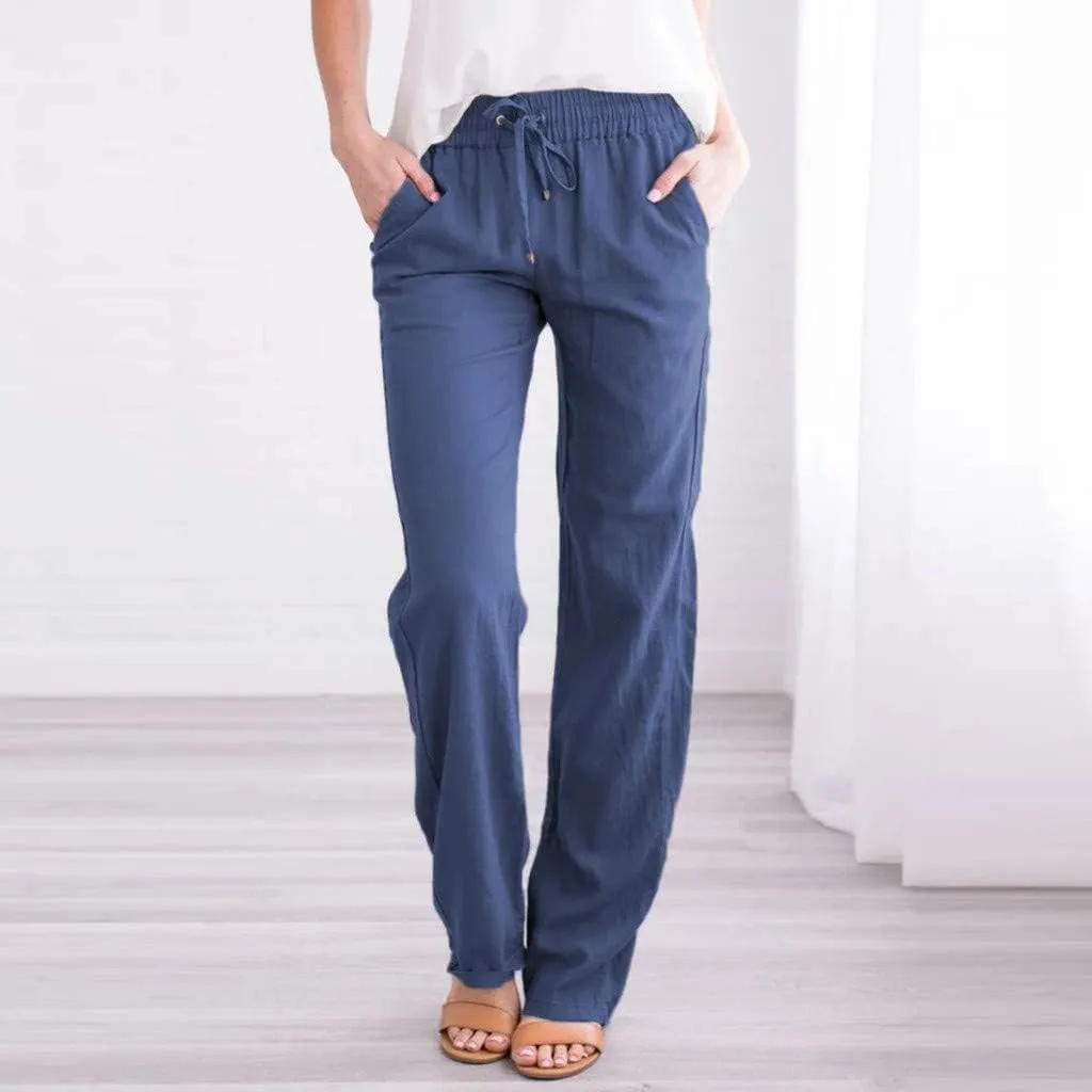 aihihe Linen Pants for Women Casual Summer Drawstring Elastic High Waist Yoga Pants Loose Fit Comfy Straight Leg Palazzo Pant