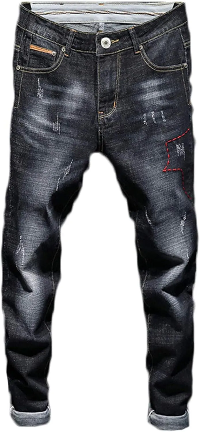 Andongnywell Black Men's Slim fit Small Leg Stretch Straight Jeans Straight Stretchy Pencil Denim Pants Trousers