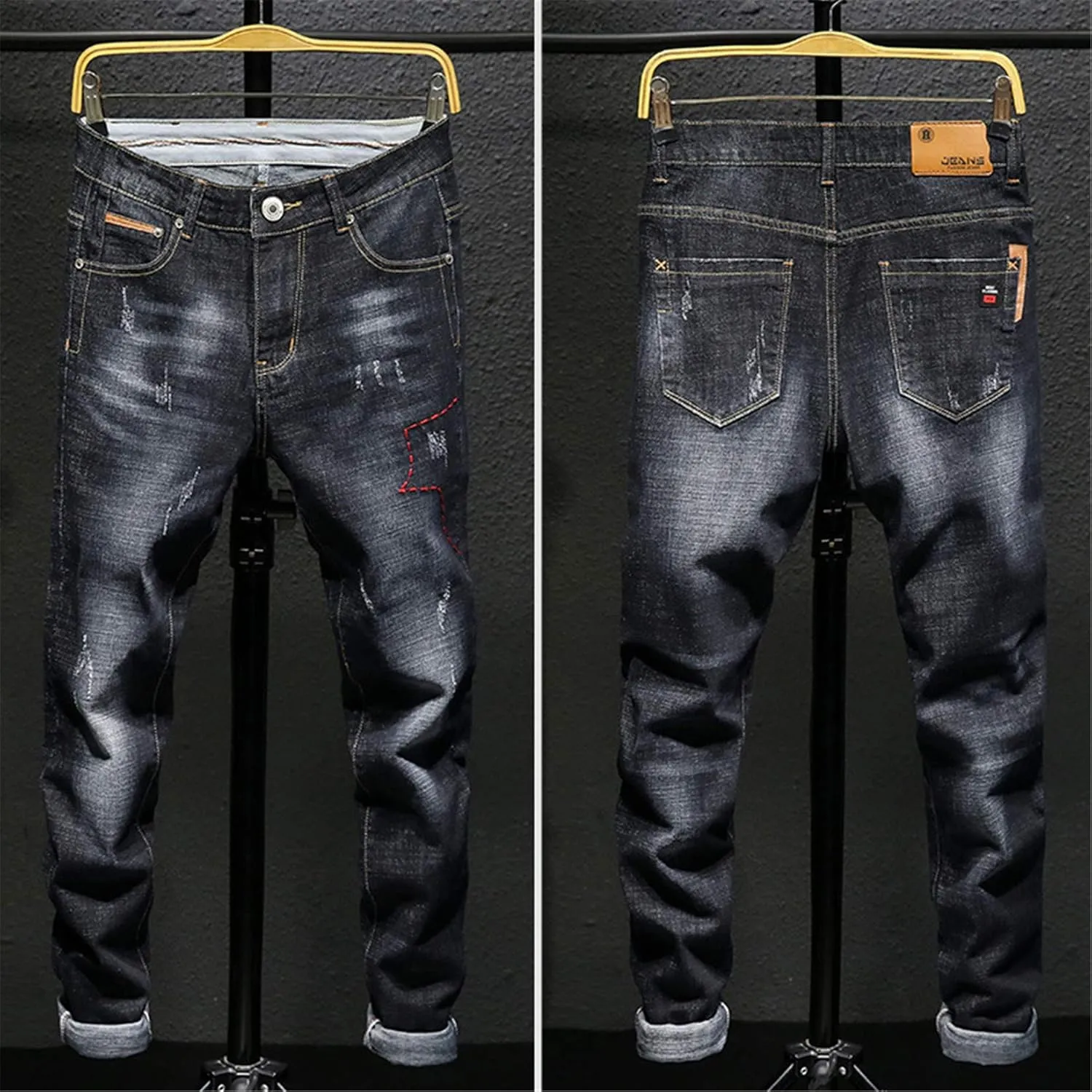 Andongnywell Black Men's Slim fit Small Leg Stretch Straight Jeans Straight Stretchy Pencil Denim Pants Trousers