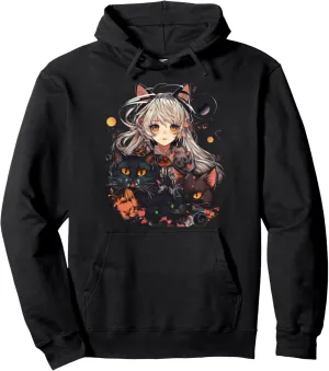 Anime and Cats Girl Funny Graphic Tees for Women and Girls Pullover Hoodie