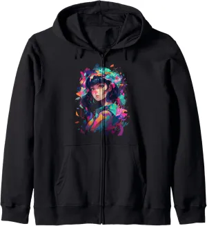 Anime Girl Colorful Japan Anime Graphic Tees for Women Girls Zip Hoodie