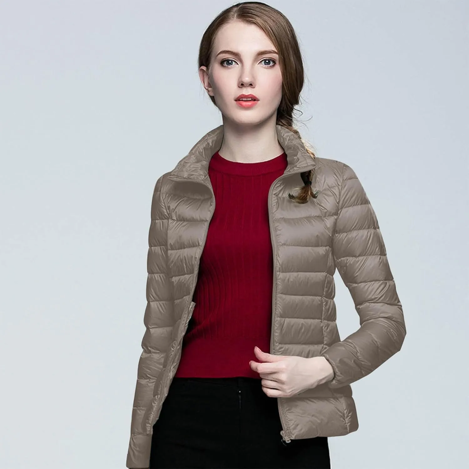Aniywn Light Jackets for Women Warm No Hood Down Jacket Packable Short Fall Jacket Zip Cardigan Winter Coats with Pockets