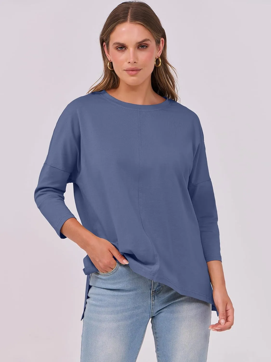 ANRABESS Womens 3/4 Length Sleeve Tops Loose Fit Tunic Shirts Oversized Spring Summer Casual Crew Neck Basic Boxy Tee