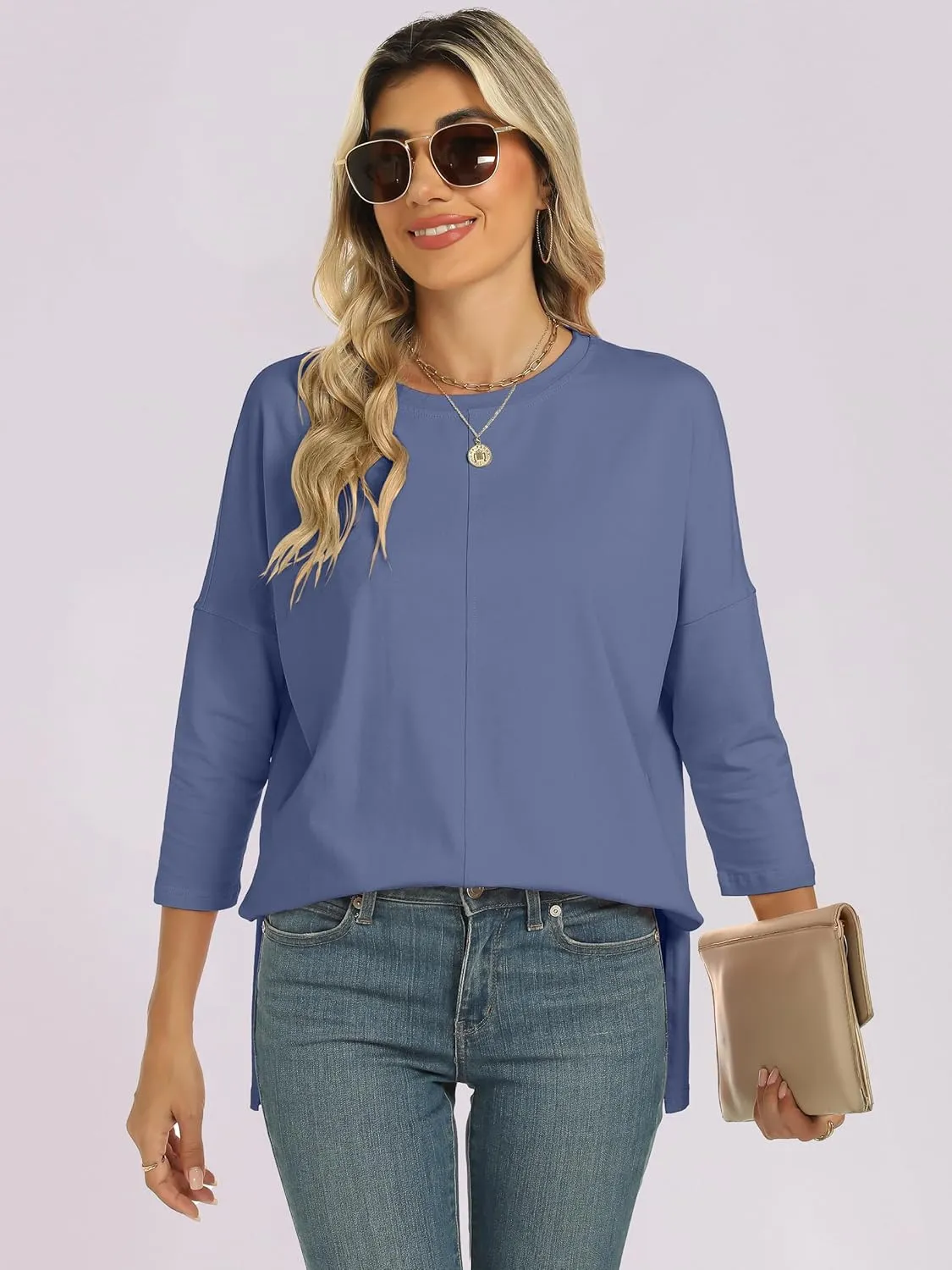 ANRABESS Womens 3/4 Length Sleeve Tops Loose Fit Tunic Shirts Oversized Spring Summer Casual Crew Neck Basic Boxy Tee