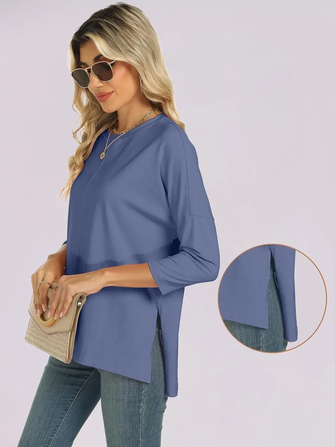 ANRABESS Womens 3/4 Length Sleeve Tops Loose Fit Tunic Shirts Oversized Spring Summer Casual Crew Neck Basic Boxy Tee