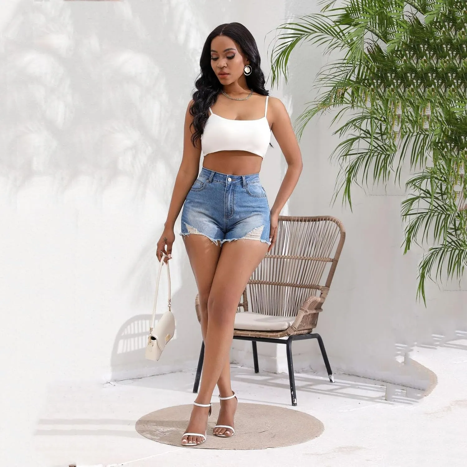 Askedwayu Lady Solid Color Washed Ripped High Waisted Stretch Denim Shorts Womens Active Shorts