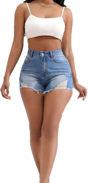 Askedwayu Lady Solid Color Washed Ripped High Waisted Stretch Denim Shorts Womens Active Shorts