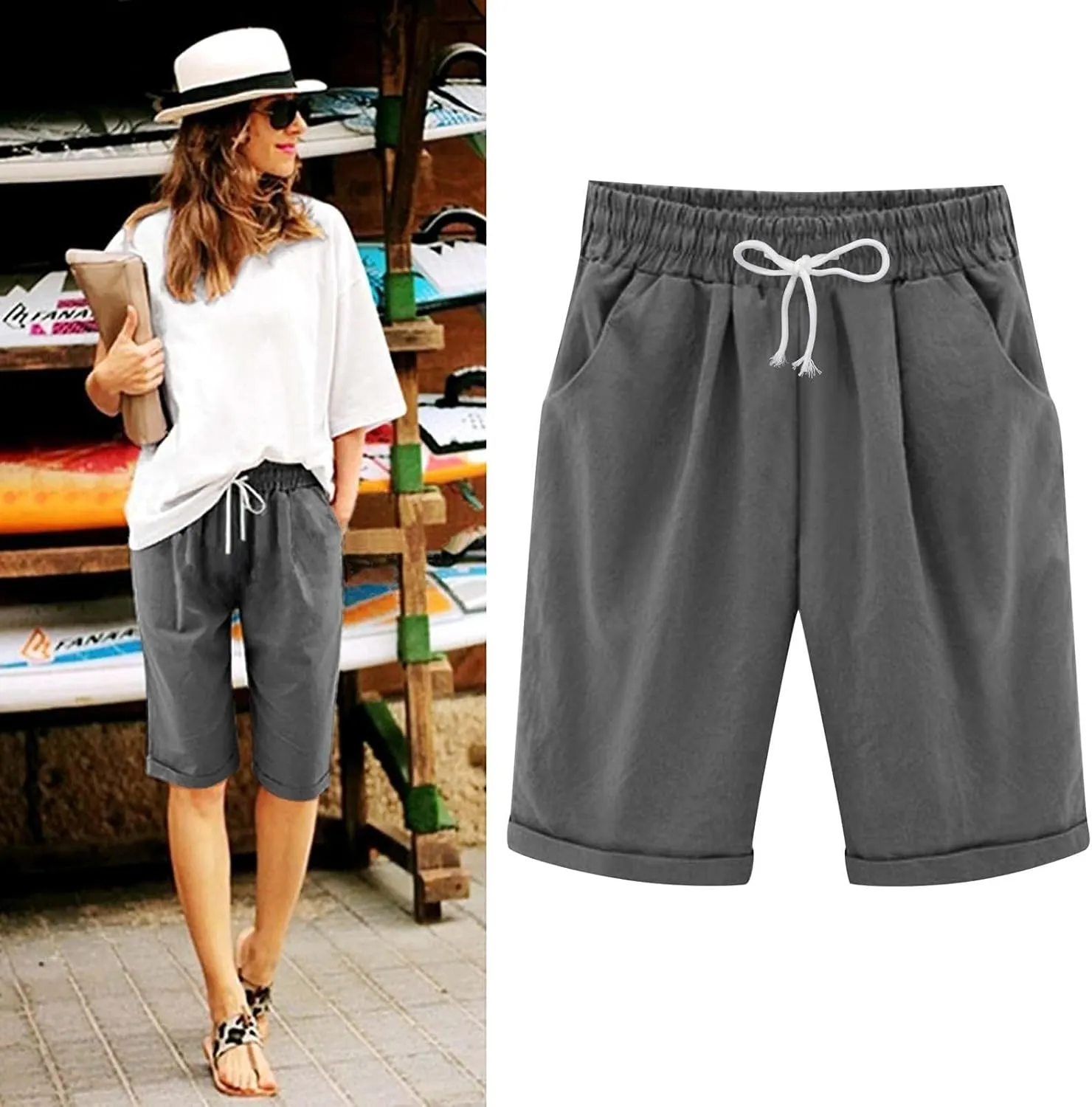 Bermuda Shorts for Women Knee Length Plus Size Summer Casual Beach Elastic Waist Drawstring Comfy Trendy Long Shorts