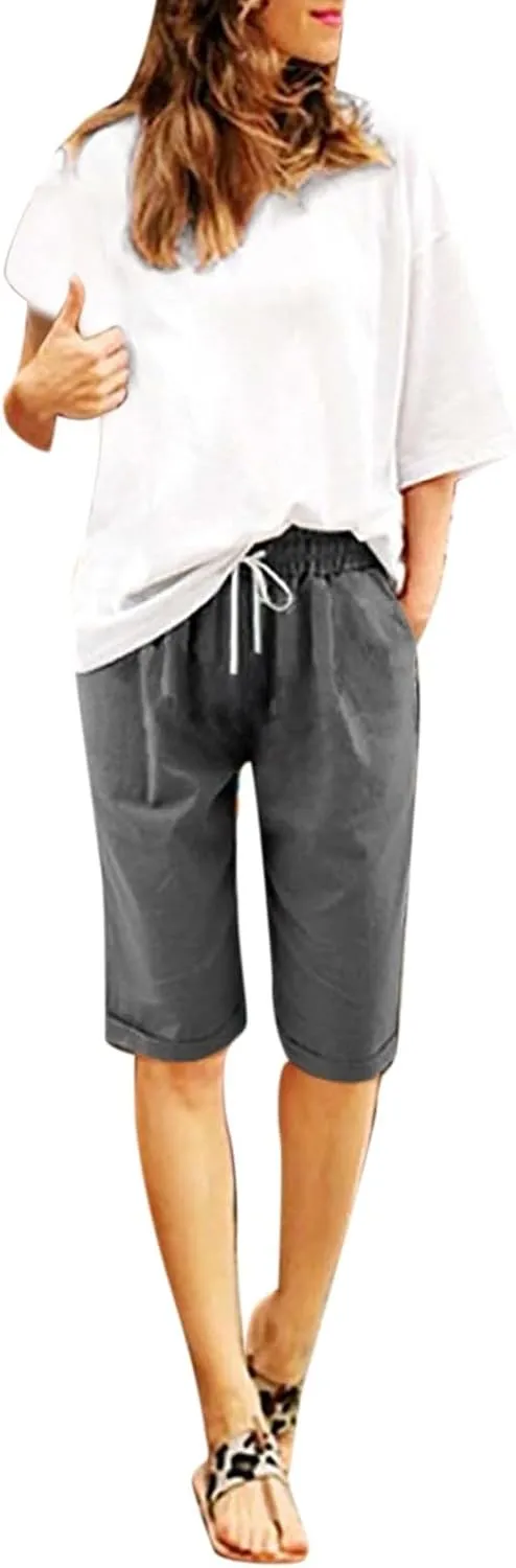 Bermuda Shorts for Women Knee Length Plus Size Summer Casual Beach Elastic Waist Drawstring Comfy Trendy Long Shorts