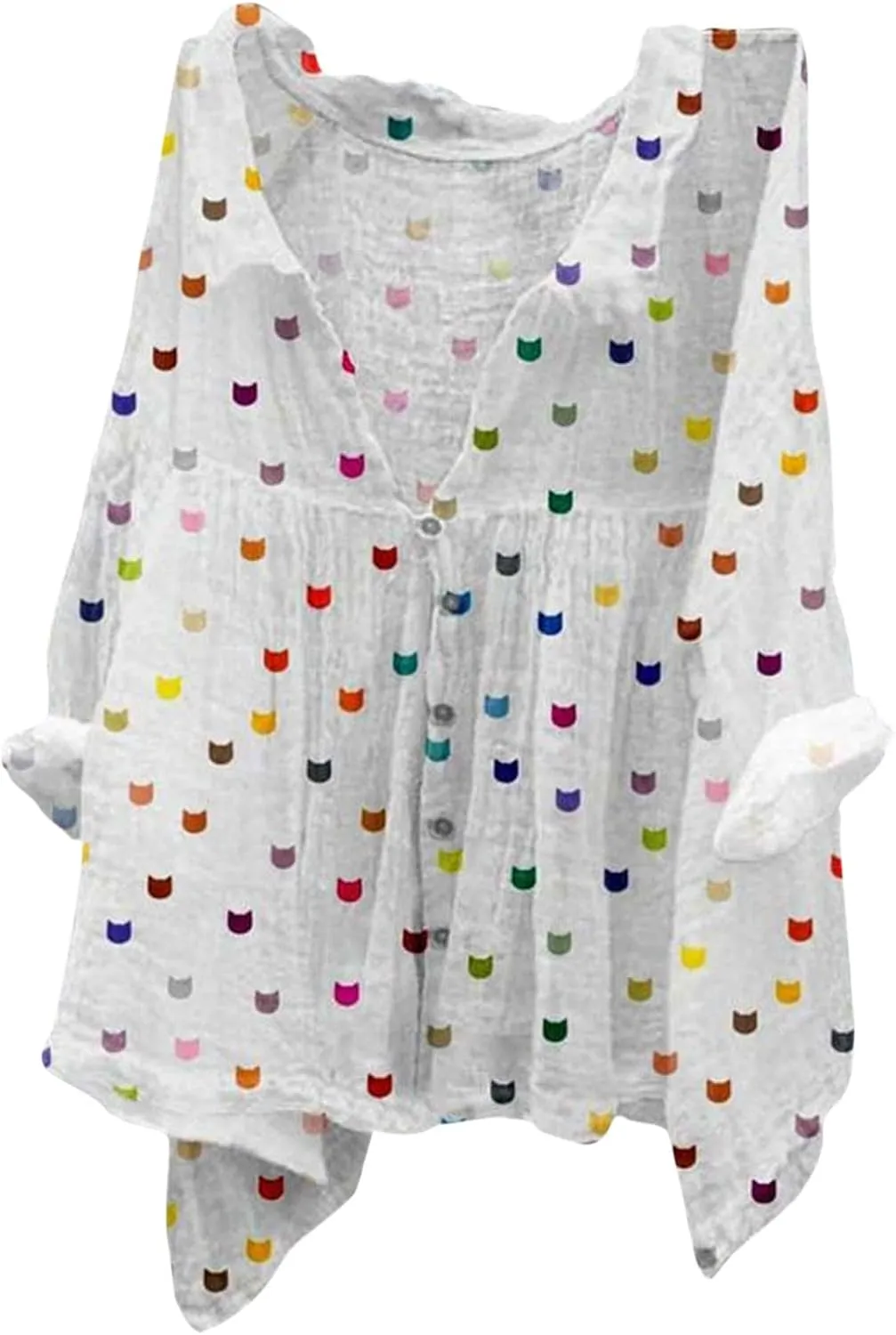 Boho Blouses for Women Plus Size Linen 3/4 Sleeve Button Up V-Neck Boxy Tops Summer Loose Casual Vacation Beach Shirts Tops