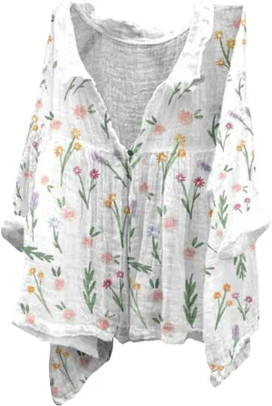 Boho Blouses for Women Plus Size Linen 3/4 Sleeve Button Up V-Neck Boxy Tops Summer Loose Casual Vacation Beach Shirts Tops