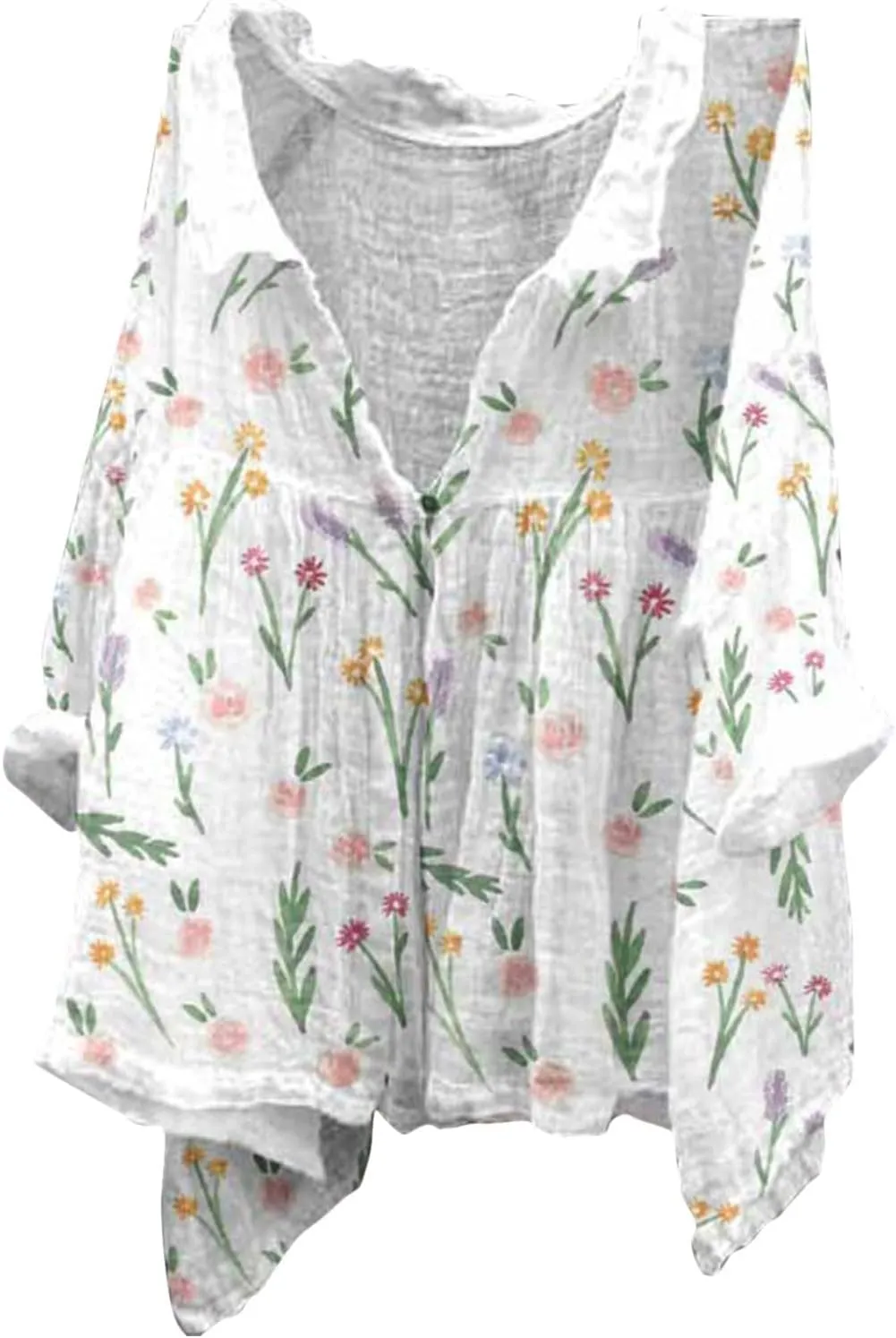 Boho Blouses for Women Plus Size Linen 3/4 Sleeve Button Up V-Neck Boxy Tops Summer Loose Casual Vacation Beach Shirts Tops