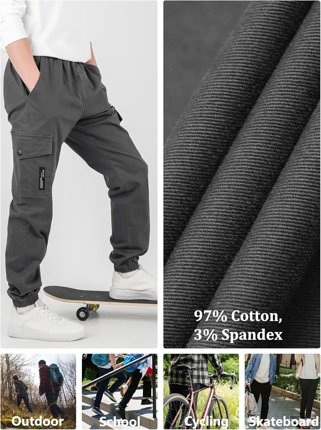 CAMLAKEE Boys Cargo Pants Stretch Elastic Waist School Kids Twill Joggers