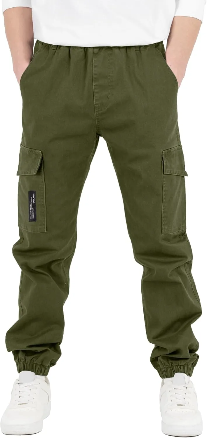 CAMLAKEE Boys Cargo Pants Stretch Elastic Waist School Kids Twill Joggers