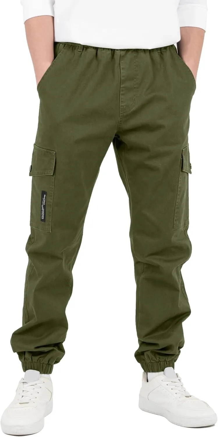 CAMLAKEE Boys Cargo Pants Stretch Elastic Waist School Kids Twill Joggers