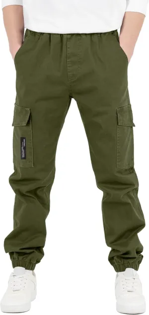 CAMLAKEE Boys Cargo Pants Stretch Elastic Waist School Kids Twill Joggers