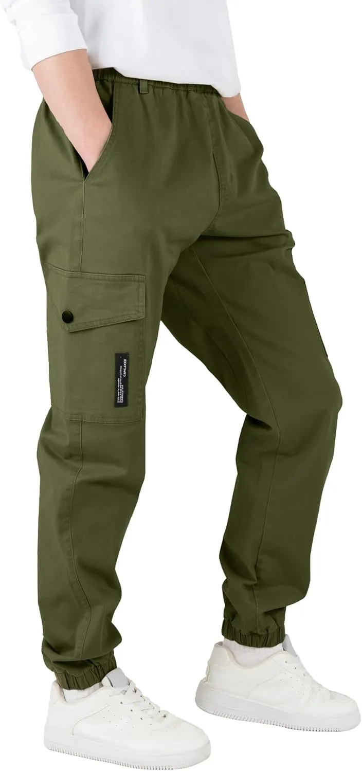 CAMLAKEE Boys Cargo Pants Stretch Elastic Waist School Kids Twill Joggers