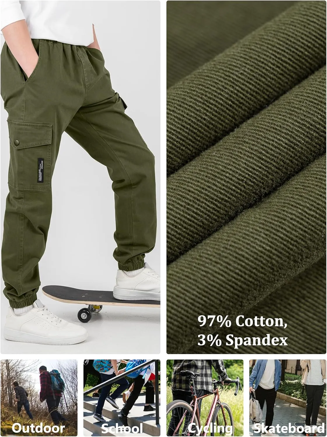 CAMLAKEE Boys Cargo Pants Stretch Elastic Waist School Kids Twill Joggers