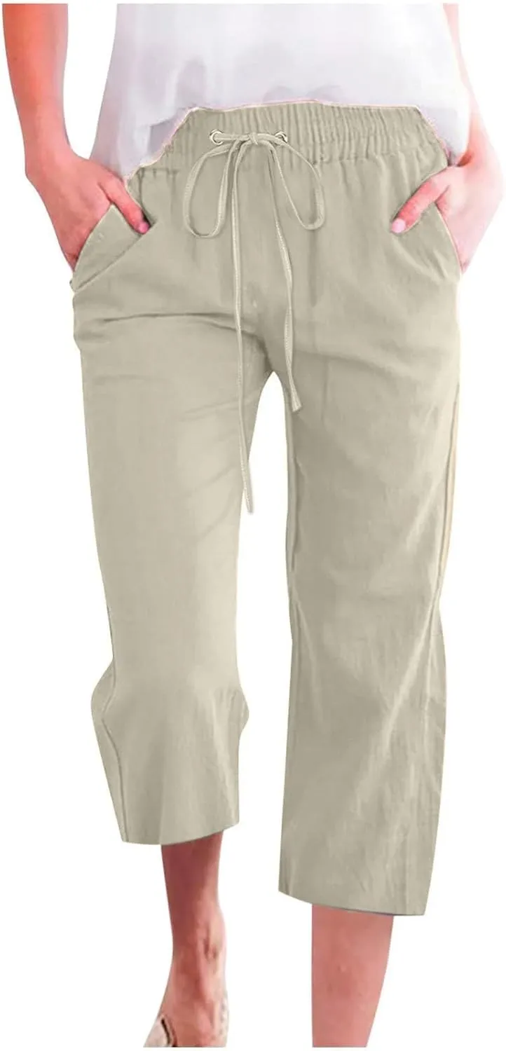 Capri Pants for Women Casual Summer Cotton Linen Pants Plus Size Drawstring Elastic High Waisted Capris with Pockets