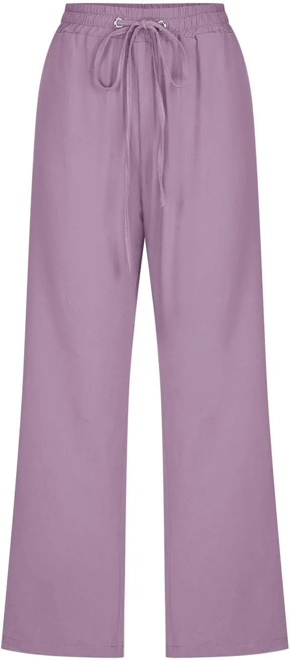 Capri Pants for Women Casual Summer Cotton Linen Pants Plus Size Drawstring Elastic High Waisted Capris with Pockets