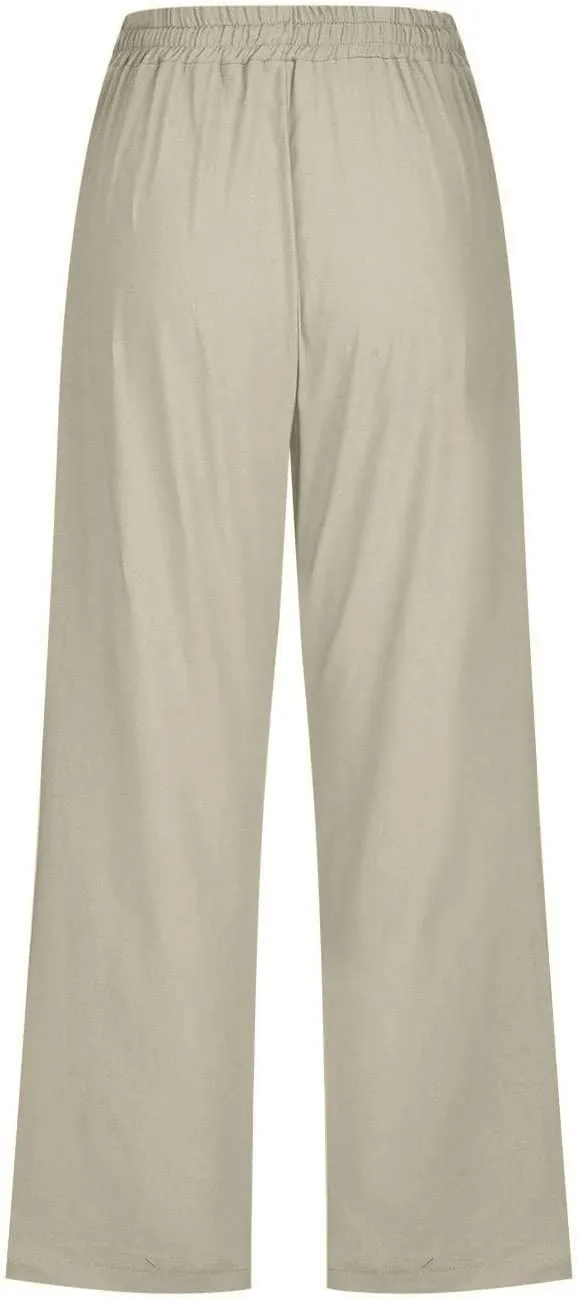 Capri Pants for Women Casual Summer Cotton Linen Pants Plus Size Drawstring Elastic High Waisted Capris with Pockets
