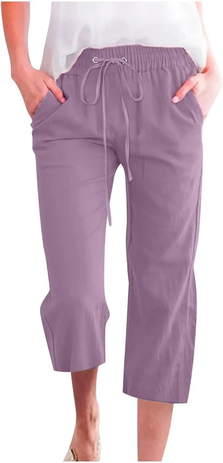 Capri Pants for Women Casual Summer Cotton Linen Pants Plus Size Drawstring Elastic High Waisted Capris with Pockets