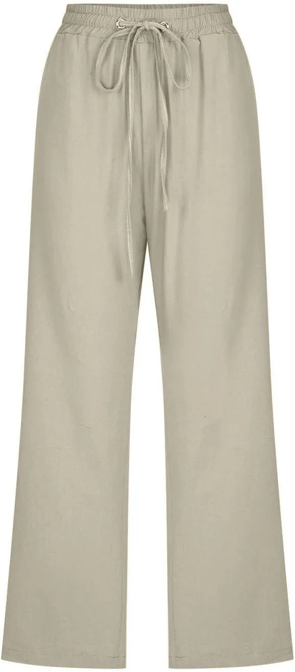 Capri Pants for Women Casual Summer Cotton Linen Pants Plus Size Drawstring Elastic High Waisted Capris with Pockets