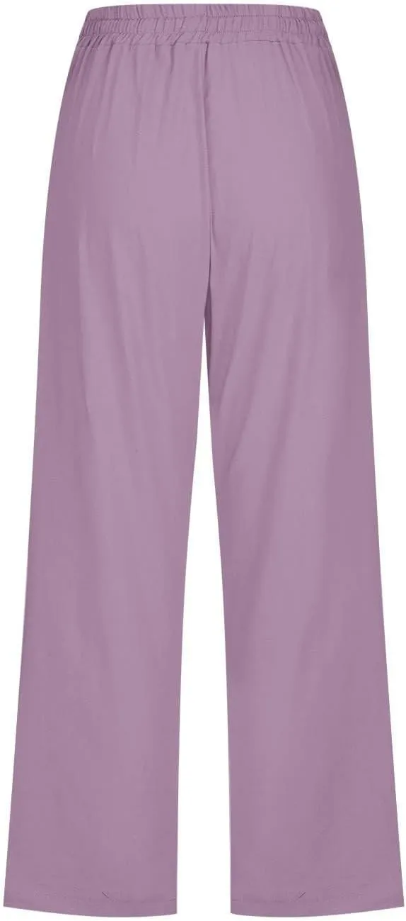 Capri Pants for Women Casual Summer Cotton Linen Pants Plus Size Drawstring Elastic High Waisted Capris with Pockets