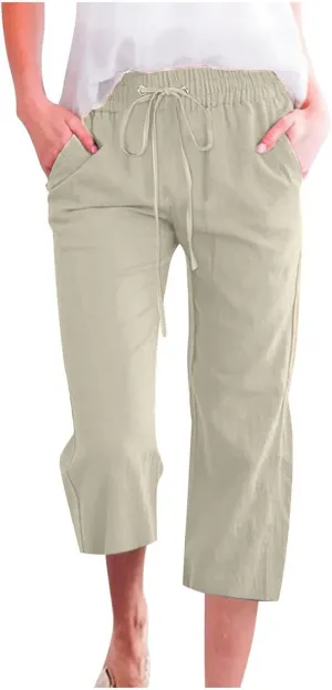 Capri Pants for Women Casual Summer Cotton Linen Pants Plus Size Drawstring Elastic High Waisted Capris with Pockets