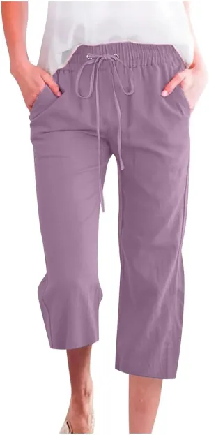 Capri Pants for Women Casual Summer Cotton Linen Pants Plus Size Drawstring Elastic High Waisted Capris with Pockets
