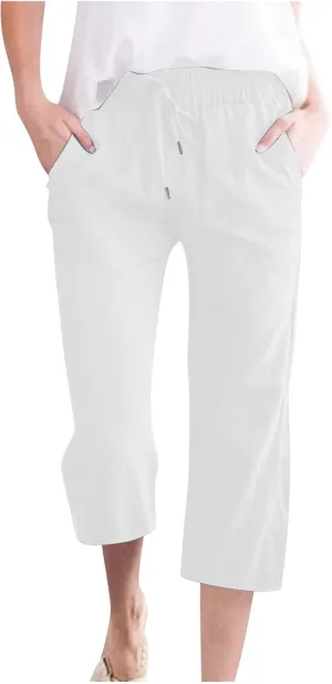 Capris Pants for Women Cotton Linen Loose Straight Wide Leg Drawstring Cropped Trousers Casual Summer Clothing 2025