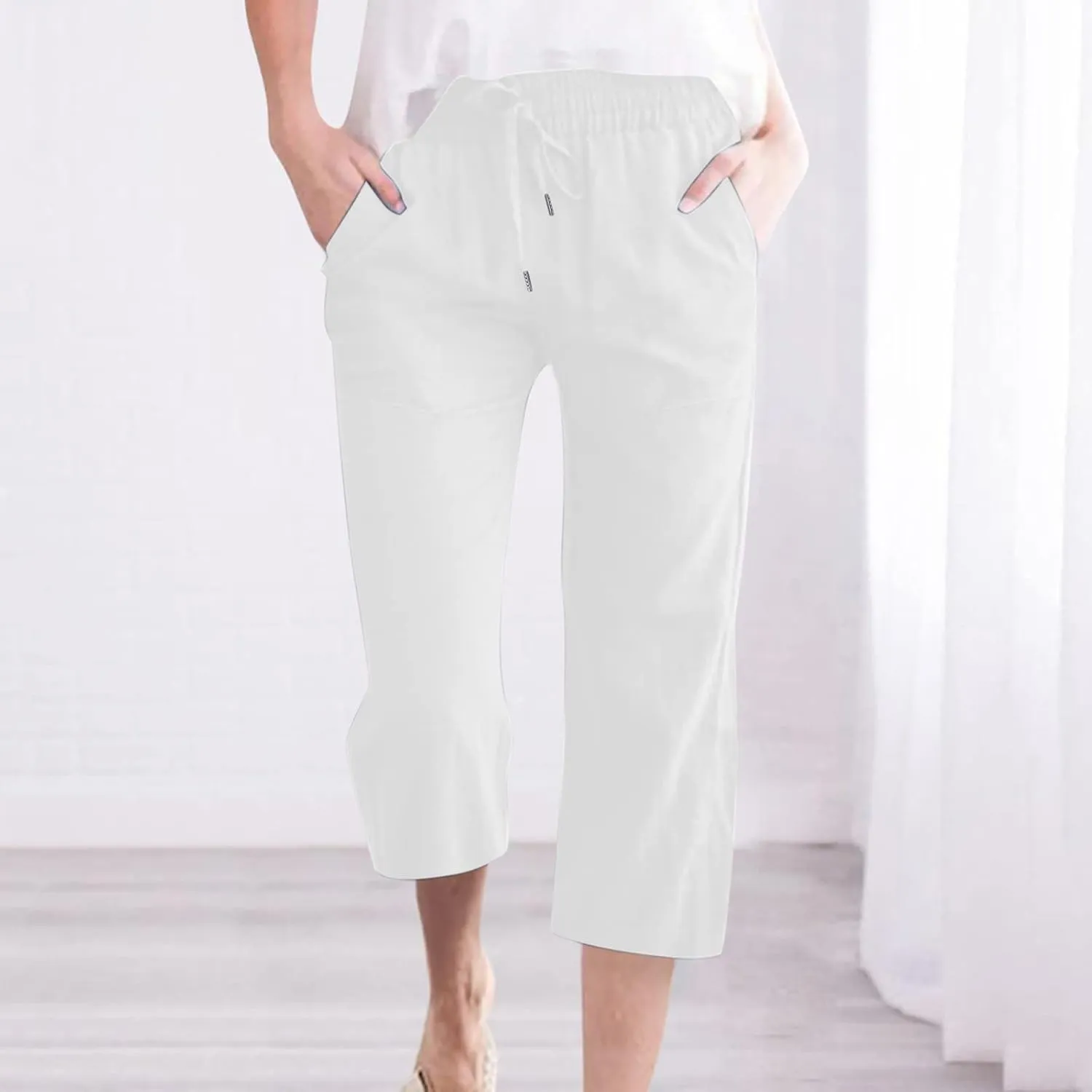 Capris Pants for Women Cotton Linen Loose Straight Wide Leg Drawstring Cropped Trousers Casual Summer Clothing 2025