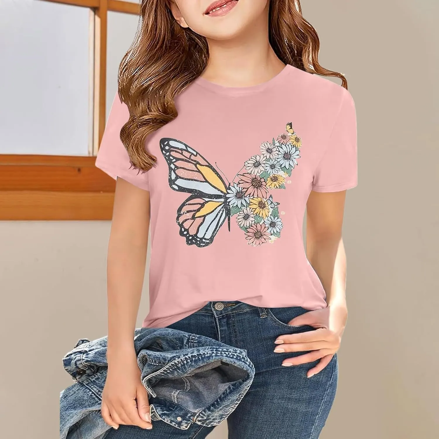 Casual Short Sleeve T-Shirt for Girls,Cute Print Cotton Crewneck Short Sleeve Tees Basic Tees Outfits Tops